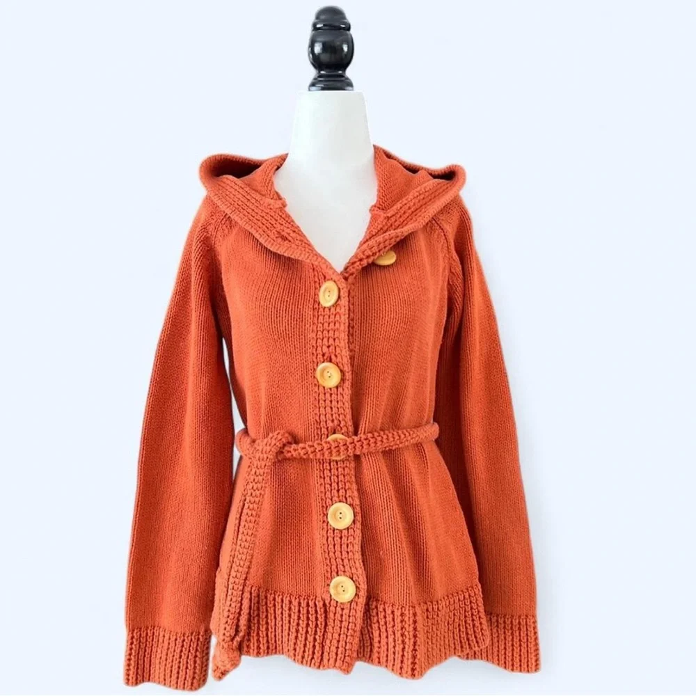 Y2K H&M Women’s Orange Chunky Knit Belted Cardigan Cabincore Sweater Large - Picture 2 of 8